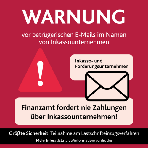 Info Grafik mit einem großen Ausrufezeichen zur Warnung vor neuer Betrugsmasche